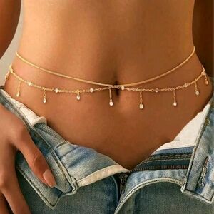 NWT, Elegant Gold Belly Waist Chain with Gem Accents